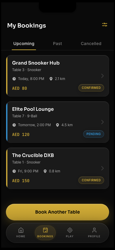 Bookings screen showing upcoming table reservations